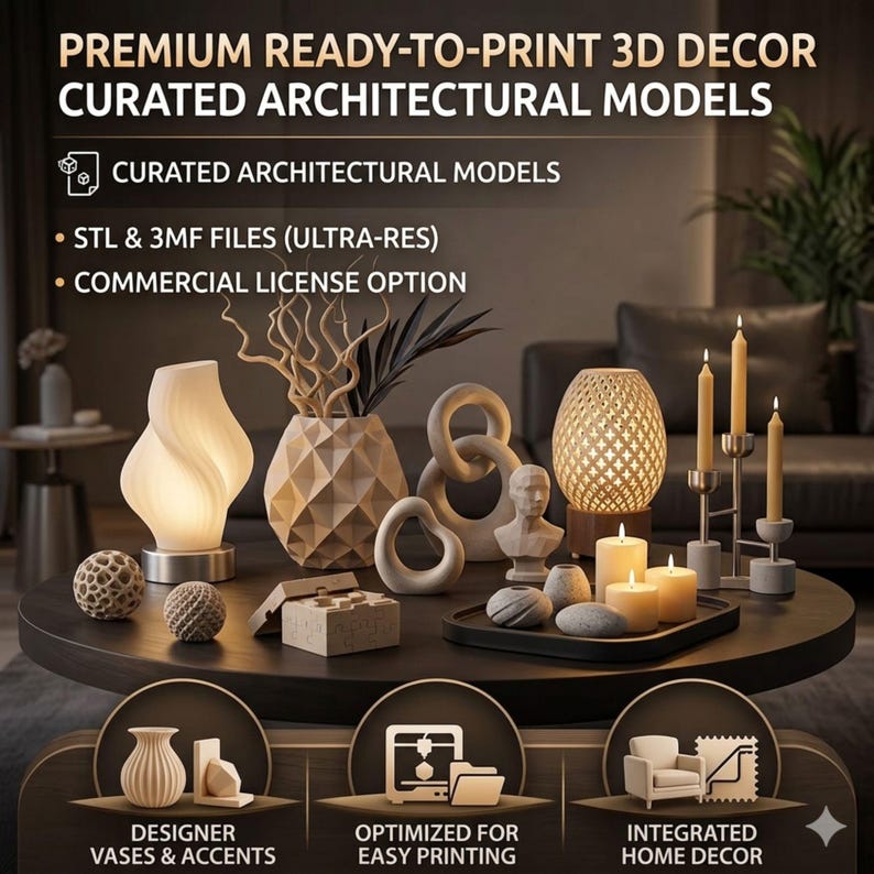 K&ouml;nnte beinhalten: Eine Ansammlung von 3D-gedruckten Dekorationsartikeln, darunter Vasen, Skulpturen und Kerzenhalter, auf einem dunklen runden Tisch. Das Bild zeigt eine Lampe, dekorative Kugeln und den Text "PREMIUM READY-TO-PRINT 3D DECOR CURATED ARCHITECTURAL MODELS."