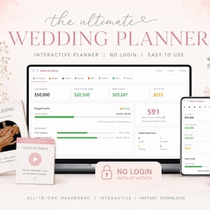 Pode incluir: Um planejador de casamento digital exibido em um laptop e smartphone, com um planejador físico e um tutorial em vídeo. A interface mostra detalhes do orçamento e resumo dos convidados. O texto diz "The Ultimate Wedding Planner".