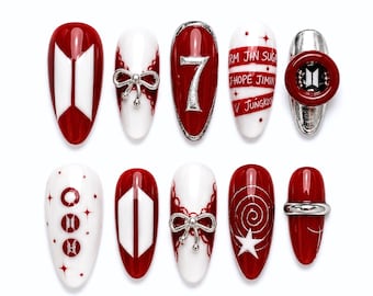Unhas postiças personalizadas reutilizáveis feitas à mão, inspiradas no show do Arirang OT7, conjunto de unhas feito à mão para fãs de K-pop.