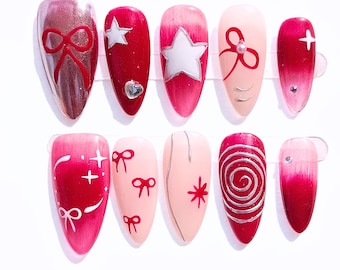 Uñas postizas rojas y rosas, set de uñas con lazo y estrella, uñas de San Valentín, uñas postizas largas almendradas