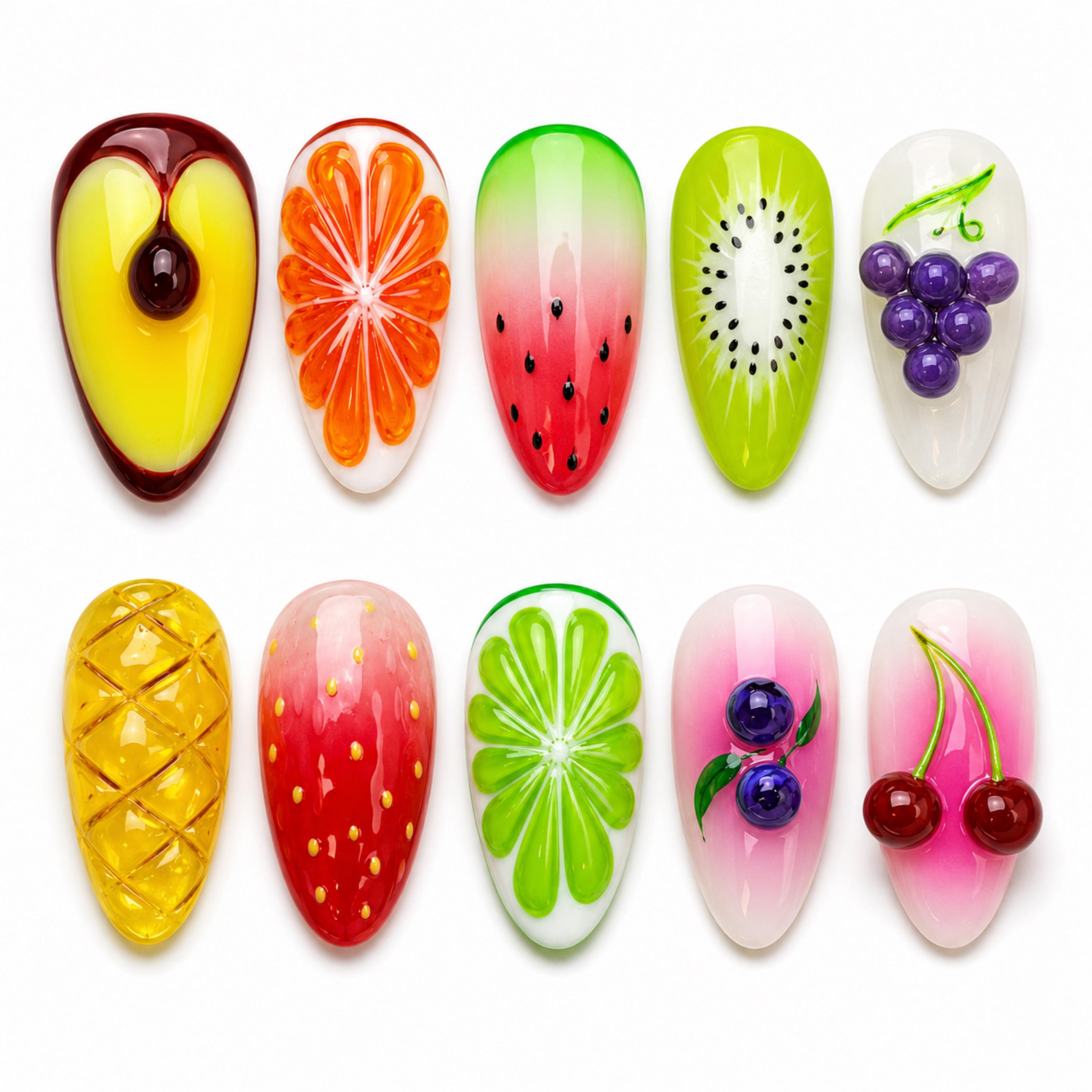 Fruit Press on Nails Long Almond Nails/3D Tropical Nails/Summer Kawaii Nails/Reuseable Nails/Custom Nails