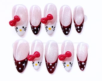 Kitty Press On Nagel, Rosa Glitzer French Tip, Bow Nail Set