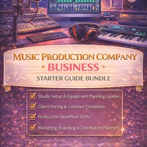 Puede incluir: Ilustración digital de una configuración de estudio de música con un micrófono, una mesa de mezclas y monitores de ordenador. La imagen incluye el texto "MUSIC PRODUCTION COMPANY BUSINESS STARTER GUIDE BUNDLE."