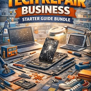 May include: An illustration promoting a "Tech Repair Business Starter Guide Bundle." The image features a cracked smartphone, laptops, and repair tools. Text includes "Launch, Manage, Grow" and "Diagnosis, Technician Training, Contracts, Growth Strategy."