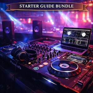 May include: A DJ setup with a laptop displaying mixing software, headphones, and a Pioneer DJ controller. The image has a purple and blue color scheme with the text "DJ BUSINESS STARTER GUIDE BUNDLE".