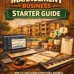 May include: An illustrated guide titled "Property Management Business Starter Guide" with a laptop, calculator, and keyboard on a wooden desk. The image includes text: "How to Start & Run a Profitable Business", "Essential Tools & Tenant Services", and "Marketing & Client Acquisition".