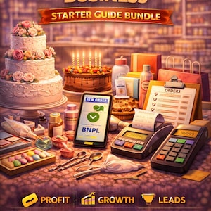 May include: An image promoting a cake business starter guide. It features cakes, a smartphone displaying "NEW ORDER" and "BNPL", payment terminals, and icons for profit, growth, and leads. The text "CAKE BUSINESS BUSINESS STARTER GUIDE BUNDLE" is displayed at the top.