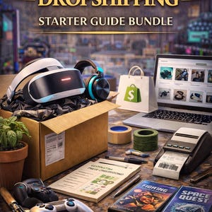 May include: An image promoting a gaming dropshipping starter guide bundle. The scene includes a VR headset, headphones, a laptop displaying product images, a shopping bag with a dollar sign, game controllers, and game boxes. The text "GAMING PRODUCTS DROPSHIPPING STARTER GUIDE BUNDLE" is displayed.