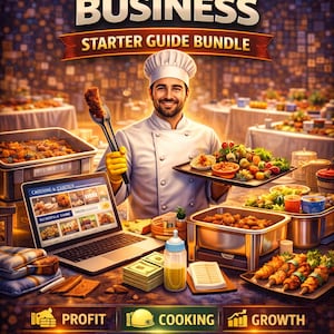 Op de afbeelding: Afbeelding ter promotie van een startershandleiding voor een cateringbedrijf. De afbeelding toont een chef-kok met eten, een laptop en diverse cateringgerechten. De tekst bevat "CATERING BUSINESS STARTER GUIDE BUNDLE" en pictogrammen voor winst, koken en groei.