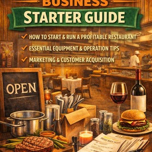 May include: An illustration for a restaurant business starter guide. The image features a steak, burger, wine, and restaurant equipment. Text includes "Restaurant Business Starter Guide" and "How to Start & Run a Profitable Restaurant".