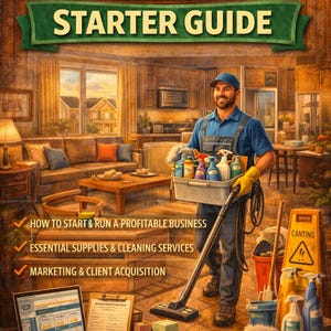 Puede incluir: Guía ilustrada titulada "Guía de inicio para la limpieza de propiedades en alquiler". La imagen presenta a un hombre con uniforme azul sosteniendo productos de limpieza. La guía promete enseñar cómo iniciar un negocio rentable, suministros esenciales y marketing.