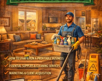 May include: An illustrated guide titled "Property Cleaning for Rentals Starter Guide." The image features a man in a blue uniform holding cleaning supplies. The guide promises to teach how to start a profitable business, essential supplies, and marketing.