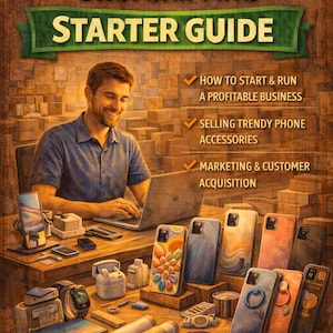 Op de afbeelding: Illustratie die een startgids voor dropshipping van telefoonaccessoires promoot. De afbeelding toont een man die op een laptop werkt, omringd door verschillende telefoonhoesjes en accessoires. De tekst bevat "Phone Accessories Dropshipping Starter Guide".
