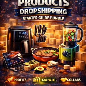 May include: An advertisement for a kitchen products dropshipping starter guide bundle. The image features a black air fryer, a knife block with knives, a green blender, and a pan of food. The text includes "Kitchen Products Dropshipping" and "Profits, Growth, Gollabs."