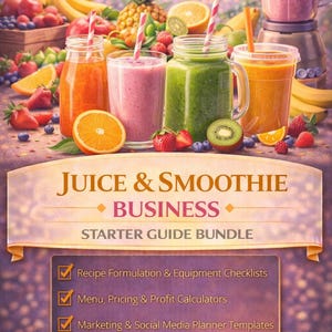 Puede incluir: Imagen que muestra una variedad de batidos coloridos en frascos de vidrio y una licuadora, rodeados de fruta fresca. El texto "JUICE & SMOOTHIE BUSINESS STARTER GUIDE BUNDLE" se muestra, junto con temas de lista de verificación. Se ven fresas, naranjas y kiwis.