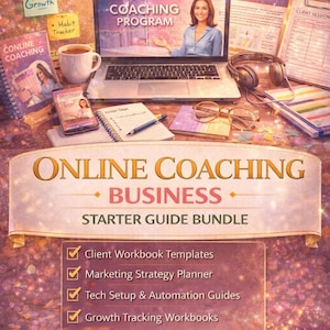 May include: An online coaching business starter guide bundle. The image shows a laptop displaying a coaching program, workbooks, a smartphone, and a coffee cup. The bundle includes client workbook templates, a marketing strategy planner, and tech setup guides.