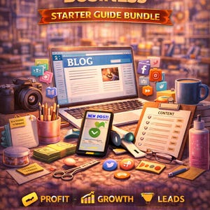 May include: An illustration of a blogging business starter guide bundle. The image includes a laptop displaying a blog, a smartphone with a "New Post!" notification, and social media icons. Other items include a camera, coffee mug, and notepad.