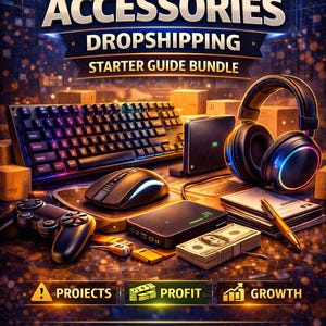 Op de afbeelding: Een promotieafbeelding voor een dropshipping starter guide bundle. De afbeelding toont computeraccessoires zoals een toetsenbord, muis, koptelefoon en een gamecontroller. Tekst bevat "COMPUTER ACCESSORIES DROPSHIPPING STARTER GUIDE BUNDLE" en informatie over projecten, winst en groei.
