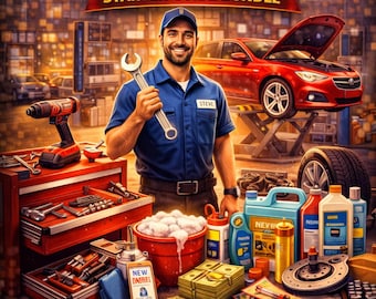 May include: Image promoting a car repair shop business. A smiling mechanic holds a wrench, surrounded by tools, car parts, and a red car on a lift. Text includes "Car Repair Shop Business Starter Guide Bundle" and other business-related keywords.