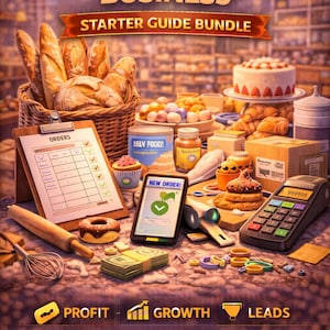 May include: An image promoting a bakery business starter guide. It features baked goods like bread, cakes, and pastries, along with a clipboard, smartphone, and payment terminal. The text includes "Bakery Business", "Starter Guide Bundle", and business-related keywords.