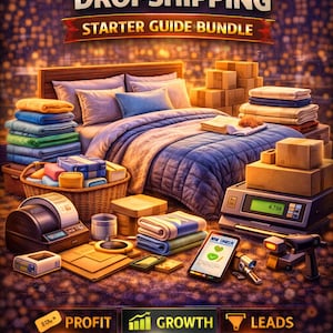 May include: An advertisement for a bedding and linen dropshipping starter guide bundle. The image shows a bed with blue bedding, stacks of folded linens, boxes, a cash register, and a digital scale. The text includes "Profit", "Growth", and "Leads".