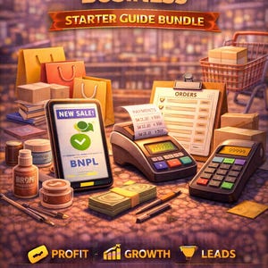 Pode incluir: Uma ilustração de um pacote de guia de inicialização de negócios com um smartphone exibindo "NEW SALE!" e "BNPL". A imagem inclui uma caixa registradora, sacolas de compras e texto que diz "PROFIT", "GROWTH" e "LEADS".