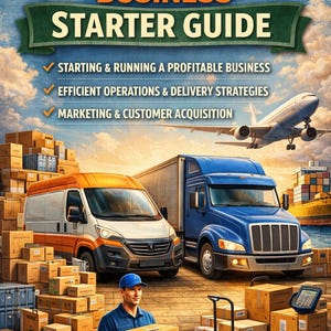 Könnte beinhalten: Ein illustrierter Ratgeber mit dem Titel "Shipping & Delivery Business Starter Guide". Das Bild zeigt einen Lieferwagen, einen Sattelzug und einen Mann, der ein Paket hält. Ein Flugzeug und ein Frachtschiff sind im Hintergrund zu sehen. Der Text lautet "Start Your Own Delivery Empire!"