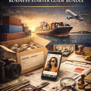 May include: An image promoting an import and export business starter guide bundle. The scene includes a shipping container ship, airplane, and a smartphone displaying a woman. Other items include a box, documents, and money.