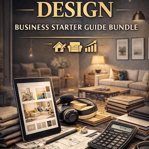 May include: Image promoting an interior design business starter guide bundle. A tablet displays interior design examples, alongside headphones, a calculator, and design plans. The text "INTERIOR DESIGN BUSINESS STARTER GUIDE BUNDLE" is in gold.