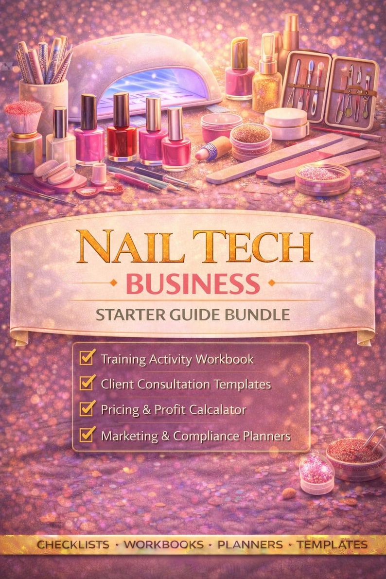 Puede incluir: Imagen que muestra suministros de manicura y una gu&iacute;a. La imagen presenta botellas de esmalte de u&ntilde;as, pinceles y una l&aacute;mpara UV. El texto dice "NAIL TECH BUSINESS STARTER GUIDE BUNDLE" con listas de verificaci&oacute;n, cuadernos de trabajo, planificadores y plantillas.