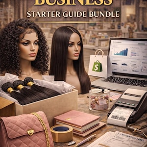 May include: Image promoting a "Wigs & Bundles Business Starter Guide Bundle." It features mannequins with curly and straight hair, bundles of hair, a laptop displaying graphs, and business supplies like a cash register and pink purse.