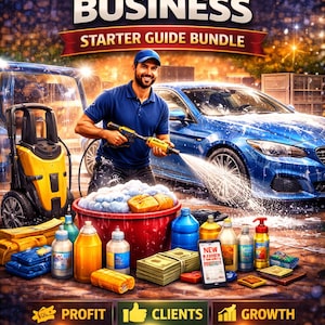 Puede incluir: Imagen de un paquete de inicio para un negocio de lavado de autos. La imagen muestra a un hombre lavando un auto azul con una hidrolavadora. Se muestran varios suministros de lavado de autos, incluyendo jabón, botellas y dinero.