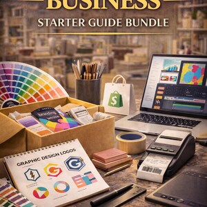 May include: A promotional image for a graphic design business starter guide bundle. The image features a laptop displaying design software, a color palette, a notebook with logo designs, and a shopping bag with a dollar sign.