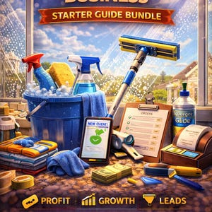 May include: An illustration promoting a window cleaning business starter guide bundle. The image features cleaning supplies, a smartphone with "NEW CLIENT!" on the screen, cash, and a clipboard with "ORDERS". Text includes "PROFIT", "GROWTH", and "LEADS".