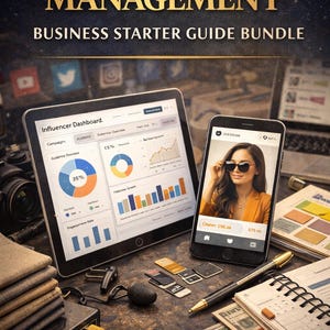 Può includere: Immagine di un pacchetto di guide per l'avvio di un'attività di gestione degli influencer con il testo "INFLUENCER MANAGEMENT BUSINESS STARTER GUIDE BUNDLE". L'immagine include un tablet e uno smartphone che mostrano dashboard degli influencer, insieme a una fotocamera, un blocco note e altri elementi relativi al business.