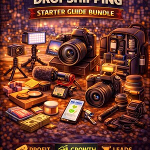 Puede incluir: Imagen que muestra accesorios de cámara, incluyendo cámaras, lentes, un micrófono y un kit de iluminación. El texto dice "CAMERA ACCESSORIES DROPSHIPPING STARTER GUIDE BUNDLE" e incluye las palabras "PROFIT", "GROWTH" y "LEADS".