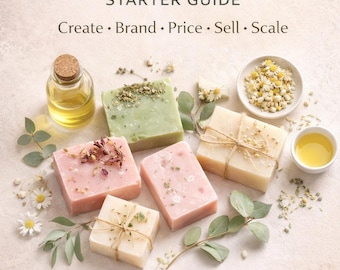 Puede incluir: Imagen promocional para una guía de inicio de negocio de fabricación de jabón. La imagen presenta varios jabones hechos a mano en tonos rosa, verde y crema, junto con aceites esenciales y botánicos. El texto incluye "SOAP MAKING BUSINESS STARTER GUIDE" y viñetas sobre el contenido de la guía.