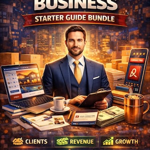 May include: A promotional image for a consulting business starter guide. The image features a man in a suit, a laptop, a smartphone, and cash. Text includes "CONSULTING BUSINESS STARTER GUIDE BUNDLE" and "CLIENTS, REVENUE, GROWTH."