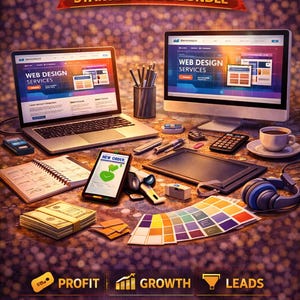 Puede incluir: Imagen que promociona un paquete de inicio para empresas de diseño web. Presenta un portátil, un ordenador de sobremesa, un smartphone y varias herramientas de diseño. Incluye el texto "Web Design Business" y "Starter Guide Bundle."