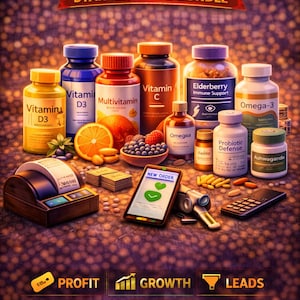 May include: An image promoting a vitamins business starter guide. It features various vitamin bottles, a cash register, a smartphone displaying a "New Order" screen, and text that reads "Profit," "Growth," and "Leads."