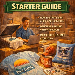 May include: An advertisement for a print-on-demand business starter guide. The image features a man working on a laptop, with examples of custom products like a t-shirt, hat, mug, and pillow. The text reads "Print on Demand Business Starter Guide."