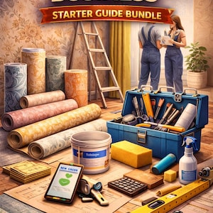 Könnte beinhalten: Werbebild für ein "Wallpaper Installation Business Starter Guide Bundle". Es zeigt Tapetenrollen in verschiedenen Mustern und Farben, eine Werkzeugkiste mit Werkzeugen und ein Tablet mit einer "New Order"-Benachrichtigung. Eine Leiter und zwei Personen in Arbeitskleidung sind ebenfalls zu sehen, was auf ein Heimwerker-Thema hindeutet.