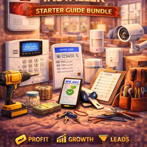 Könnte beinhalten: Illustration, die ein Starter-Guide-Bundle für Alarmanlagen-Installateure bewirbt. Das Bild zeigt verschiedene Komponenten von Sicherheitssystemen, Werkzeuge und ein Smartphone mit der Aufschrift "NEW JOBS". Der Text enthält "PROFIT", "GROWTH" und "LEADS".