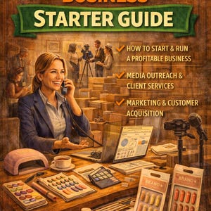 May include: An illustration of a business starter guide titled "PR Agency Business Starter Guide." The image features a woman on the phone at a desk with a laptop, coffee, and marketing materials. Text includes "How to Start & Run a Profitable Business."