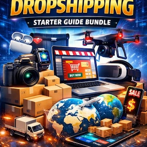 Puede incluir: Imagen promocional para una guía de inicio de dropshipping de gadgets tecnológicos. La imagen presenta una computadora portátil con un icono de carrito de compras, un dron, una cámara, unos auriculares de realidad virtual y un teléfono inteligente con un gráfico de "VENTA". La imagen también incluye cajas de cartón, globos terráqueos y el texto "TECH GADGET DROPSHIPPING".