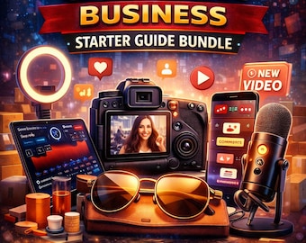 May include: An image promoting a content creator business starter guide bundle. The image shows a camera, smartphone, microphone, and other equipment. Text includes "Content Creator Business Starter Guide Bundle" and topics like "Profits", "Growth", and "Collabs".