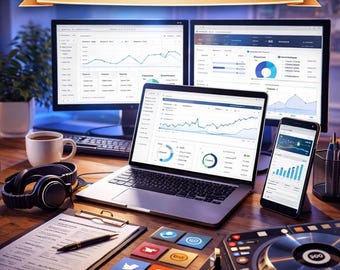 May include: A digital marketing business starter guide bundle is displayed on a wooden desk. The image includes a laptop, two computer monitors, a smartphone, headphones, a coffee cup, and social media icons. The text "DIGITAL MARKETING BUSINESS STARTER GUIDE BUNDLE" is at the top.