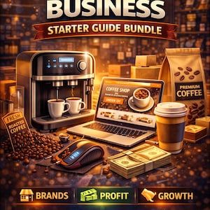 Puede incluir: Anuncio de un paquete de guía de inicio para negocios de café. La imagen presenta una cafetera, una computadora portátil que muestra un sitio web de cafetería, granos de café, una taza de café y dinero en efectivo. El texto incluye "Coffee Business Starter Guide Bundle" y "Brands, Profit, Growth."