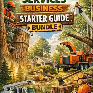 May include: An illustrated guide titled "TREE REMOVAL SERVICES BUSINESS STARTER GUIDE BUNDLE." The image shows tree removal equipment, including a wood chipper, a bucket truck, and a worker using a chainsaw. The scene is set in a wooded area with a house in the background.