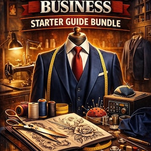 May include: An illustration for a tailoring business starter guide bundle. The image features a mannequin wearing a navy blue suit with a red tie, surrounded by sewing tools, and the text "TAILORING BUSINESS STARTER GUIDE BUNDLE".